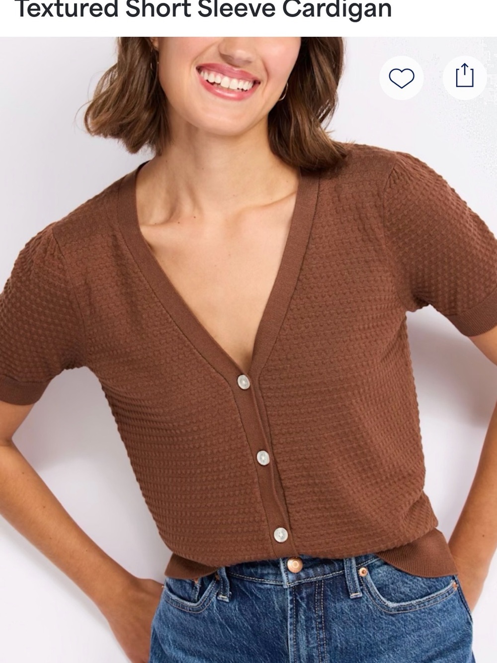 Textured Short Sleeve Cardigan - Brown. NWOT.